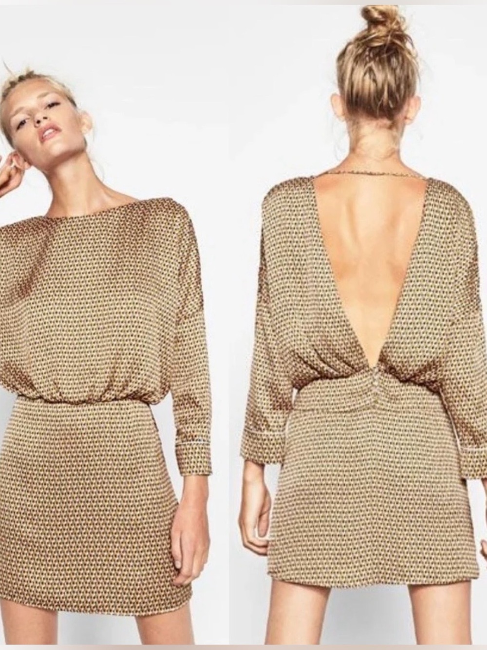 NWOT Zara Trafaluc Satin Open Back geometric print mini mod style dress size XS